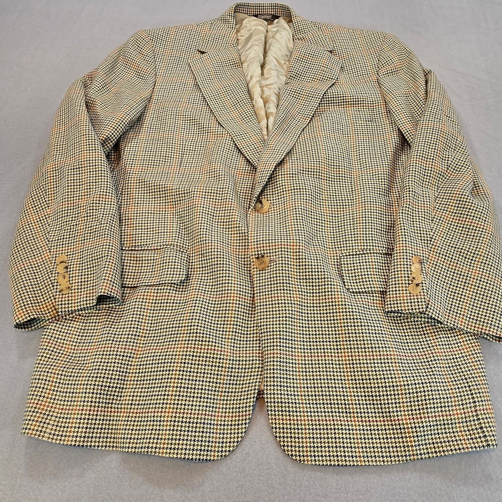 Paul Stuart Sport Coat Mens 43R Tan Houndstooth Silk Wool Blend Stuart II Blazer